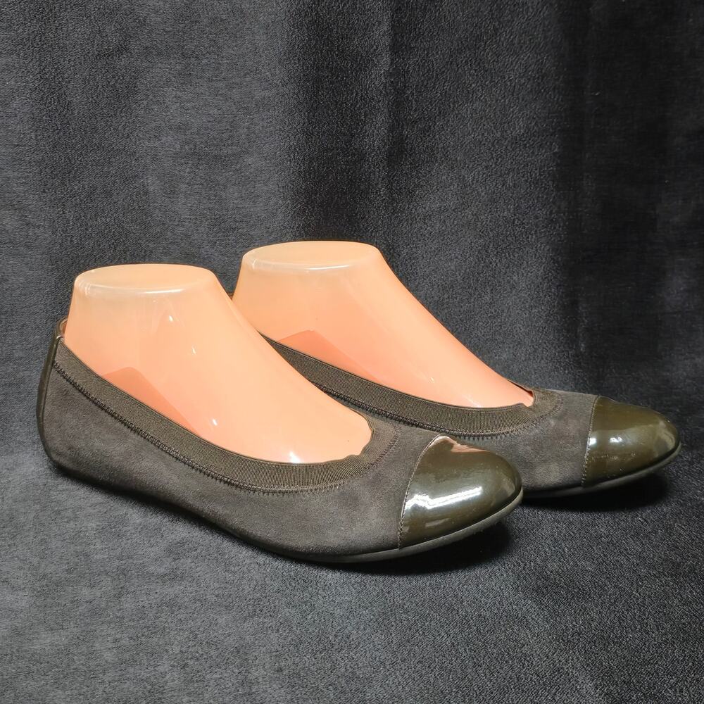 Bruno Magli Brown Suede Leather Ballet Flats Patent Cap Toe Elastic Stretch